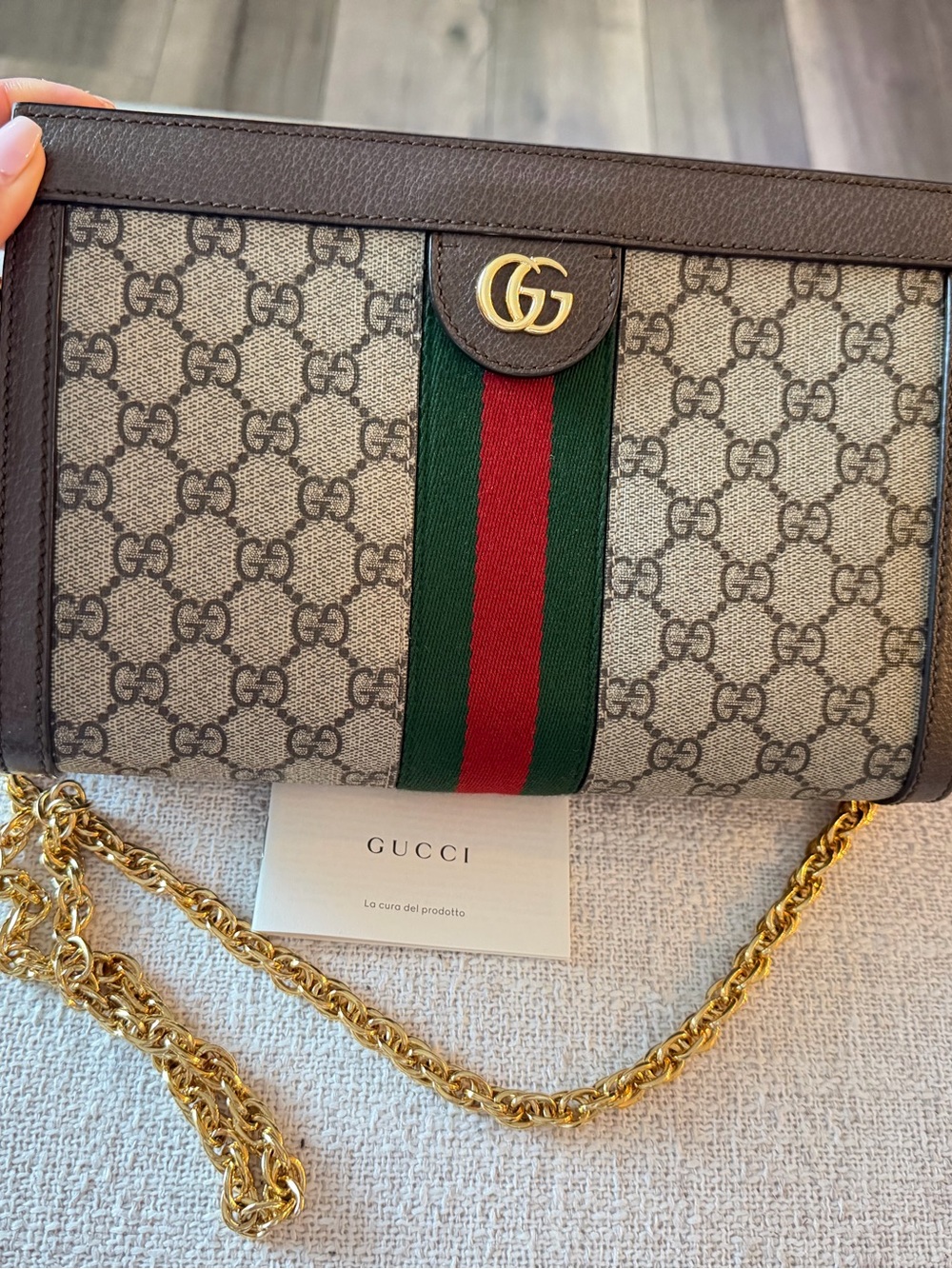 Gucci Beige/Brown GG Supreme Crossbody with Red & Green Web